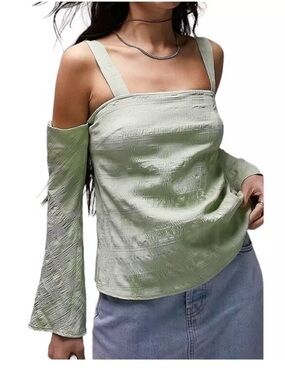 Topshop Textured Sage Green Cold-Shoulder Blouse